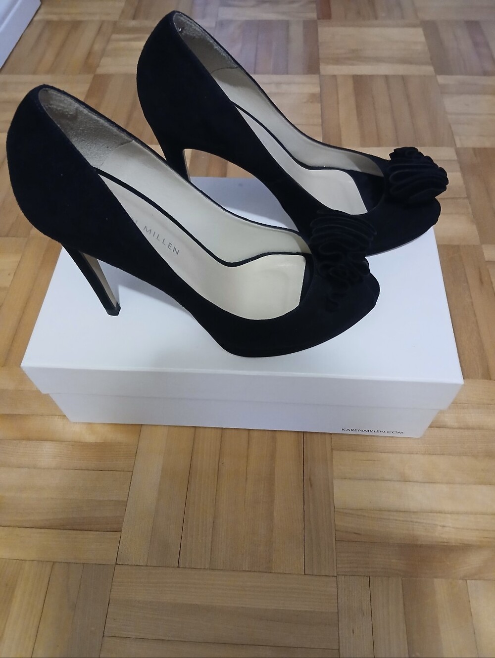 Karen Millen Black Suede Rosette Peep-Toe Pumps